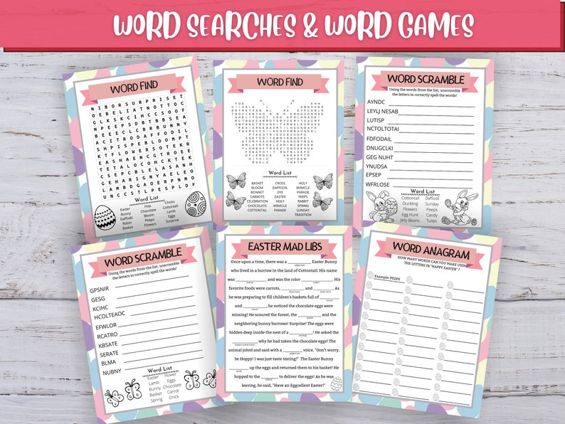 May include: A set of printable Easter-themed word search and word game activity sheets. The sheets feature a variety of games, including word searches, word scrambles, mad libs, and word anagrams. The sheets are decorated with pastel colors and images of butterflies and bunnies.