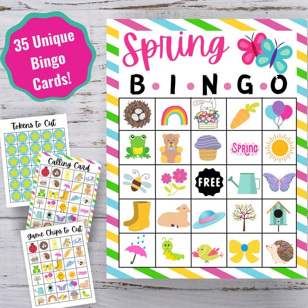 Bingo à imprimer printanier, 35 cartes de bingo uniques, activité printanière pour enfants, impression printanière, cartes de bingo de Pâques, téléchargement numérique