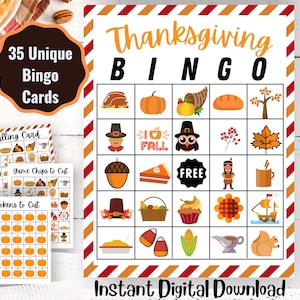Bingo de Ação de Graças, 35 cartões de bingo exclusivos, atividade de Ação de Graças para crianças, impressão de Ação de Graças, cartões de bingo de Ação de Graças, jogo de Ação de Graças