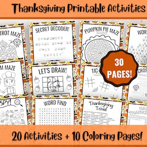 30 Thanksgiving Activity Pages, Thanksgiving Coloring Pages, Thanksgiving Activity Bundle, Kid&#39;s Activities, Printable, Digital Download