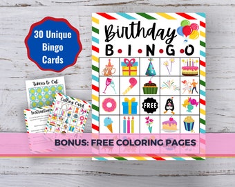 Bingo d'anniversaire, Fête d'anniversaire imprimable, Activité d'anniversaire pour enfants, Pages à colorier gratuites, Anniversaire imprimable, Bingo d'anniversaire, PDF imprimable
