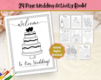 Puede incluir: Un libro de actividades de boda imprimible en blanco y negro de 24 páginas. La portada presenta un pastel de bodas con corazones y el texto "¡Bienvenido a nuestra boda!" El libro incluye actividades como laberintos, búsquedas de palabras e imágenes ocultas.