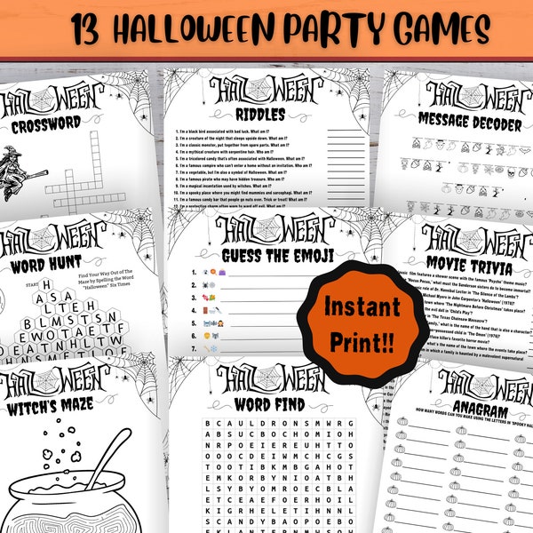 13 Printable Teen & Adult Halloween Activities, Halloween Trivia, Halloween Emoji Game, Party Games, Printable PDF, Digital Download