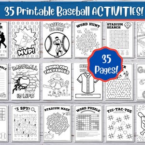 Könnte beinhalten: Eine Sammlung von 35 druckbaren Baseball-Aktivitäten, darunter Wortsuchrätsel, Labyrinthe und Malvorlagen. Die Seiten zeigen Baseball-Illustrationen und Text, ideal für Kinder. Der Titel "35 Printable Baseball ACTIVITIES!" ist oben angezeigt.