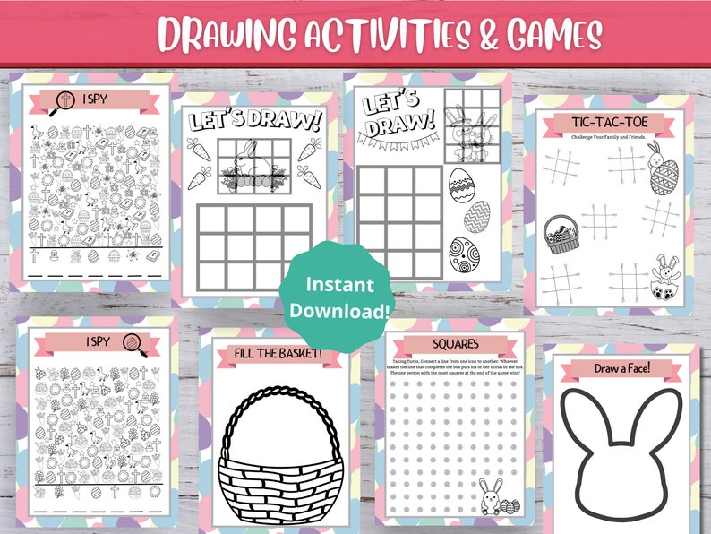 May include: A printable set of Easter-themed drawing activities and games for kids. The set includes activities like I Spy, Let's Draw, Fill the Basket, Tic-Tac-Toe, Squares, and Draw a Face.