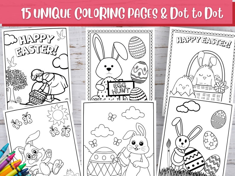 May include: A set of 15 black and white coloring pages featuring Easter bunnies, eggs, and the text "Happy Easter!" and "Egg Hunt".