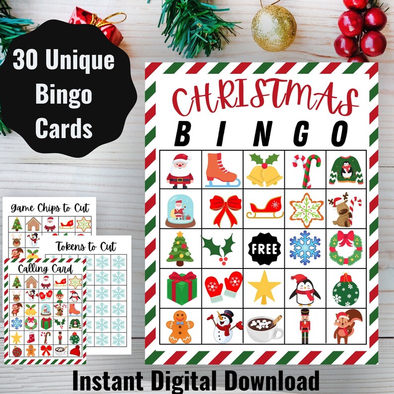 Christmas Bingo, 30 Unique Bingo Cards, Kids' Christmas Activity, Christmas Printable, Christmas Bingo Cards, Digital Download 