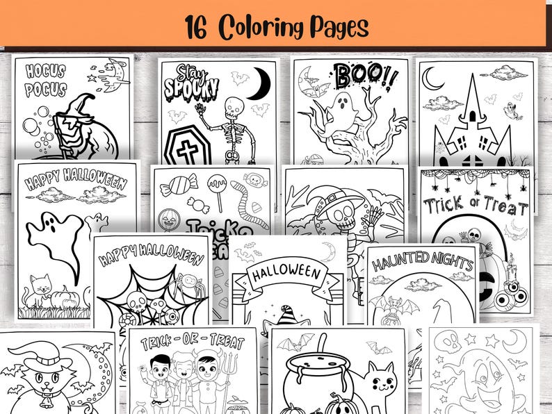 May include: A set of 16 Halloween colouring pages, each with a different spooky design. Images include ghosts, skeletons, witches, and haunted houses. The words "Hocus Pocus", "Stay Spooky", "Happy Halloween", "Trick or Treat", and "Haunted Nights" are visible.