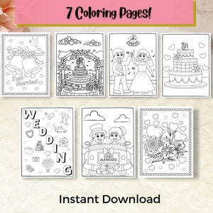 May include: Seven black and white coloring pages featuring wedding themes. The pages include a wedding cake, a couple getting married, a car with a "Just Married" sign, and a wedding ring.