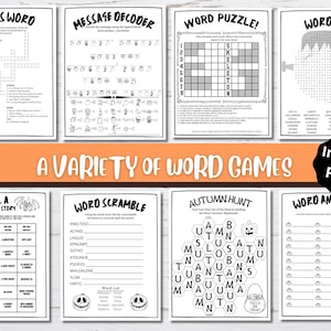May include: A selection of black and white Halloween word games, such as crosswords and word searches. The phrase "A Variety of Word Games" is in orange, with "Instant Print" on a black circle. The games are designed for printing.