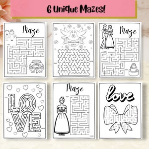 May include: Six black and white printable maze activity sheets with a wedding theme. The mazes feature images of a bride and groom, a wedding car, doves, a wedding cake, a bow, and the word "love".