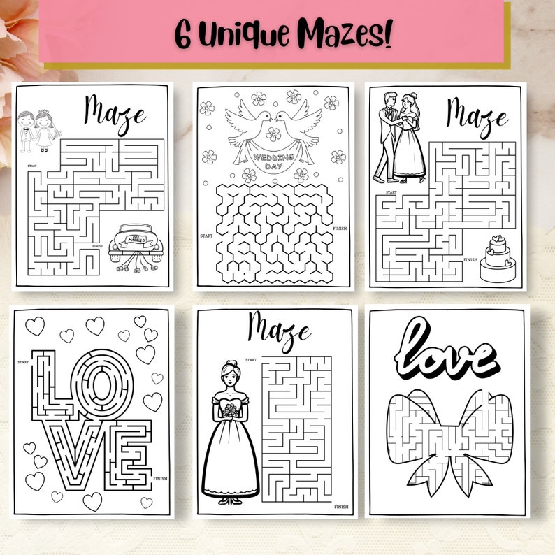 May include: Six black and white printable maze activity sheets with a wedding theme. The mazes feature images of a bride and groom, a wedding car, doves, a wedding cake, a bow, and the word "love".
