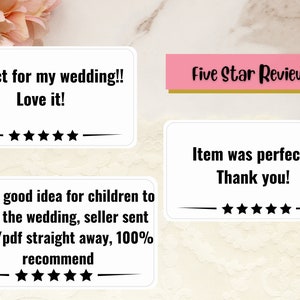 May include: Five star reviews for a printable wedding activity. The text reads "Perfect for my wedding!! Love it!" and "Really good idea for children to do at the wedding, seller sent email/pdf straight away, 100% recommend". Another review reads "Item was perfect. Thank you!"