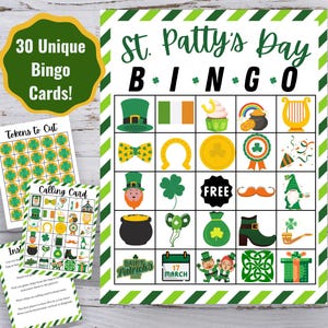 St. Patrick&#39;s Day Bingo, 30 Unique Bingo Cards, Kids&#39; St. Patrick&#39;s Day Activity, St. Patrick&#39;s Day Bingo Cards, Digital Download, Printable