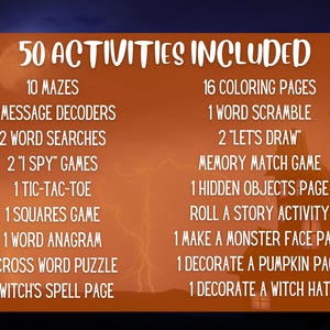 May include: An orange background with the text "50 ACTIVITIES INCLUDED" and a list of Halloween-themed activities, including mazes, colouring pages, and word games. A spooky house silhouette is in the background.