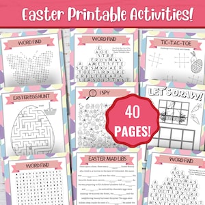 May include: A set of 40 printable Easter activity pages featuring word searches, a maze, I Spy, tic-tac-toe, and a mad libs game. The pages are decorated with pastel colors and Easter-themed illustrations.
