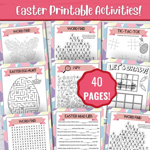40 livre d'activités de Pâques à imprimer pour Pâques, activité pour enfants de Pâques, recherche de mots, labyrinthe, jeux, pages à colorier, recherche de mots, brunch de Pâques, numérique
