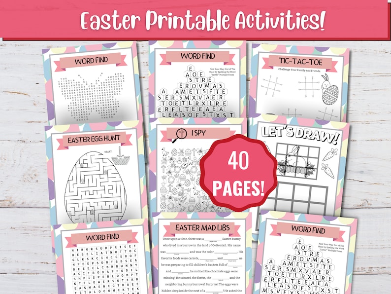May include: A set of 40 printable Easter activity pages featuring word searches, a maze, I Spy, tic-tac-toe, and a mad libs game. The pages are decorated with pastel colors and Easter-themed illustrations.