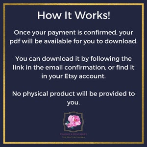 May include: A blue background with gold text that reads "How It Works!"  The text explains that once payment is confirmed, a PDF will be available for download.  The text also explains that the PDF can be downloaded by following the link in the email confirmation or by finding it in the Etsy account.  The text also states that no physical product will be provided.  The bottom of the image features a pink flower graphic with the text "Peonies & Printables The Crafting Momma".