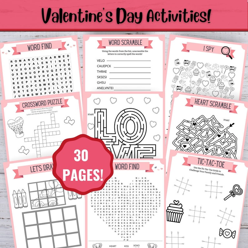 May include: A printable Valentine's Day activity booklet with 30 pages. The booklet includes a variety of activities such as word searches, word scrambles, mazes, and tic-tac-toe. The activities are all themed around Valentine's Day and feature hearts, cupids, and other Valentine's Day symbols. The booklet is printed on pink paper with black ink.