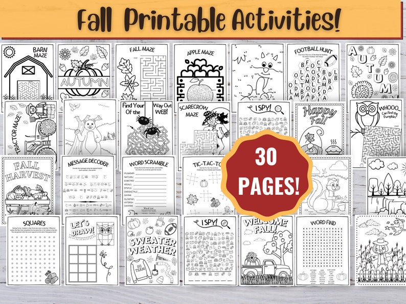 30 Fall Kids Activities, Fall Printable Activity, Printable Activity Bundle, Coloring Pages, Word Search, Word Find, Games, Digital Download image 1