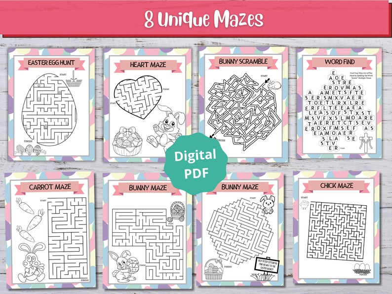 May include: Eight printable Easter-themed mazes for kids. The mazes feature a variety of themes, including Easter eggs, bunnies, carrots, chicks, and hearts. The mazes are black and white and have a fun, whimsical design.