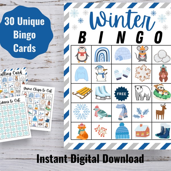 30 Card Winter Bingo Game, 30 Unique Bingo Cards, Kids' Winter Activity, Winter Printable, Winter Bingo Cards, Digital Download