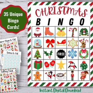Kerstbingo, 35 unieke bingokaarten, kerstactiviteit voor kinderen, kerstafdrukbaar, kerstbingokaarten, digitale download