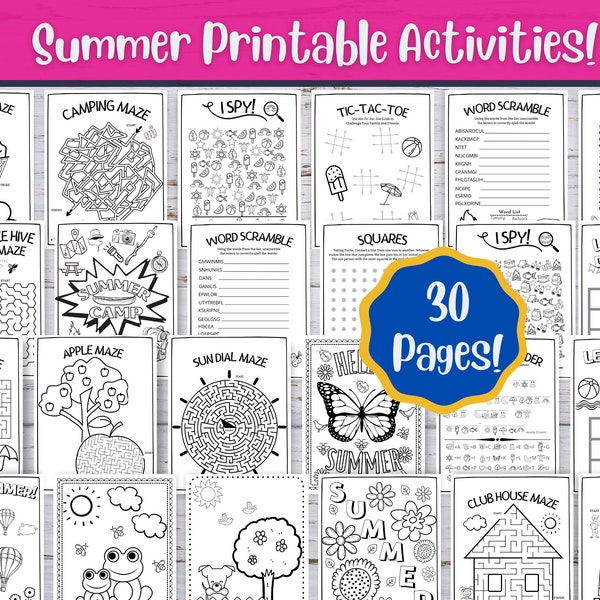 30 Summer Kids Activities, Summer Camp Activity, Printable Activity Bundle, Coloring Pages, Word Search, Word Find, Games, Digital Download