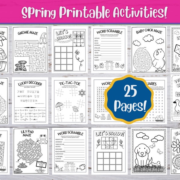 25 Spring Kids Activities, Printable Activity Bundle, Coloring Pages, Word Search, Word Find, Games, Digital Download