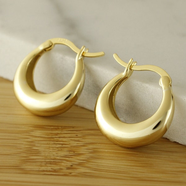 Chunky Gold Hoop Earring Tarnish Resistant 18k Gold Vermeil Thick Earrings, Chunky Gold Hoop Earrings, Dainty Earring Gold Oval Hoops