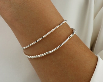 925 Sterling Silver Beaded Stretchy Bracelet, Thin Beaded Ball Bracelet, Dainty Stacking Bracelets, Everyday Silver Minimalist Bracelet