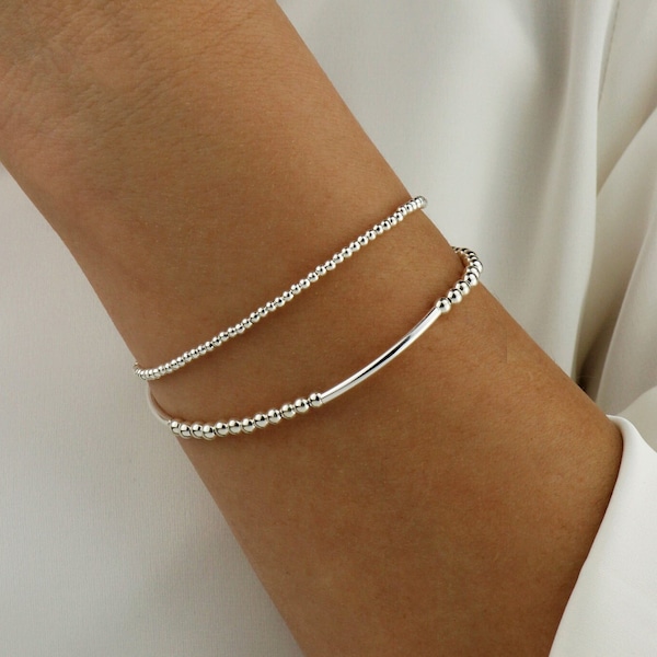 925 Sterling Silver Beaded Stretchy Bracelet, Thin Beaded Ball Bracelet, Dainty Stacking Bracelets, Everyday Silver Minimalist Bracelet