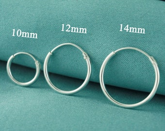 925 Sterling Silver Sleeper Hoops, Solid Silver Sleeper Hoop Earrings 10mm, 12mm, 14mm, 16mm, Continuous Hoop Earrings, Hinged Sleeper Hoop