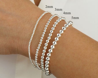 Pulsera elástica con cuentas de plata de ley 925, pulsera de bolas con cuentas, pulseras apilables minimalistas de 2 mm, 3 mm, 4 mm, 5 mm