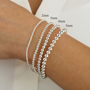 925 Sterling Silver Beaded Stretchy Bracelet, Beaded Ball Bracelet, Minimalist Stacking Bracelets 2mm, 3mm, 4mm, 5mm