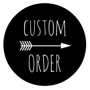 May include: Black and white circle with the text "CUSTOM ORDER" and a white arrow pointing to the right.