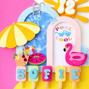 Personalized Pool Party Cake Topper – Flamingo Summer Birthday Decor