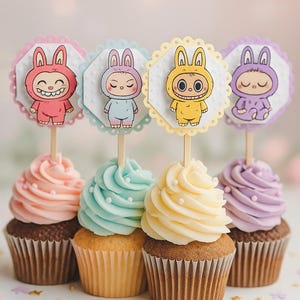 Labubu Cupcake Toppers: Kawaii Pastel Party Decor - Set of 12