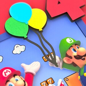 May include: A colorful birthday-themed image featuring cartoon characters Mario and Luigi. Luigi holds a bunch of balloons in blue, yellow, and green. The number 4 is in red, and other game elements are visible.