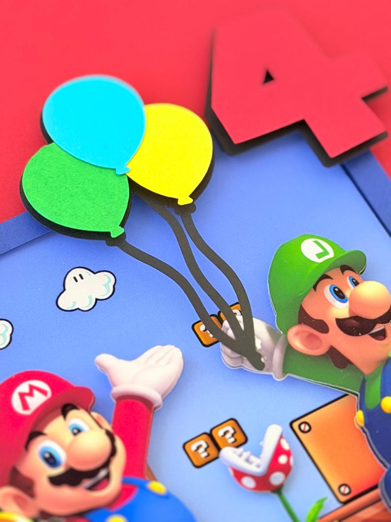 May include: A colorful birthday-themed image featuring cartoon characters Mario and Luigi. Luigi holds a bunch of balloons in blue, yellow, and green. The number 4 is in red, and other game elements are visible.