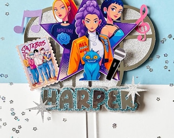 K-Pop Demon Hunter  Cake Topper: Glitter Stars, Custom Name, Huntrix, Saja boys -