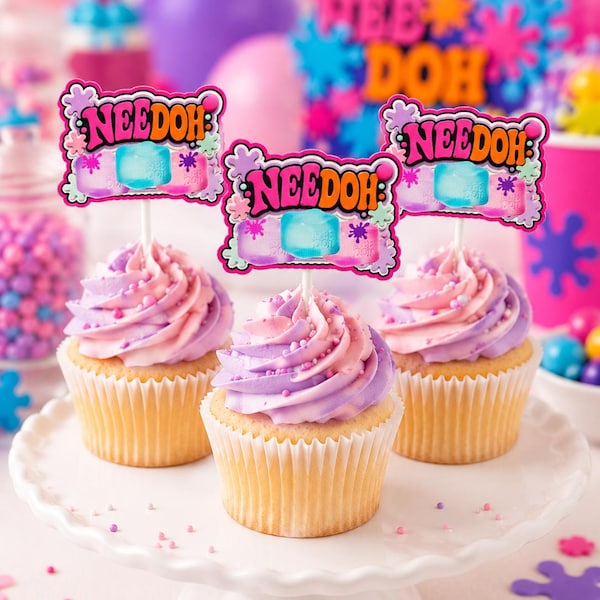 NeeDoh Cupcake Topper – Party Favor Tags – Set of 5 / Squishy Birthday Party Decor