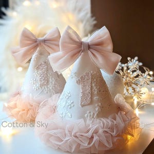 Kids birthday party hat. Baby photoshoot props- Blush rose with bow on top.