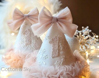 Kids birthday party hat. Baby photoshoot props- Blush rose with bow on top.