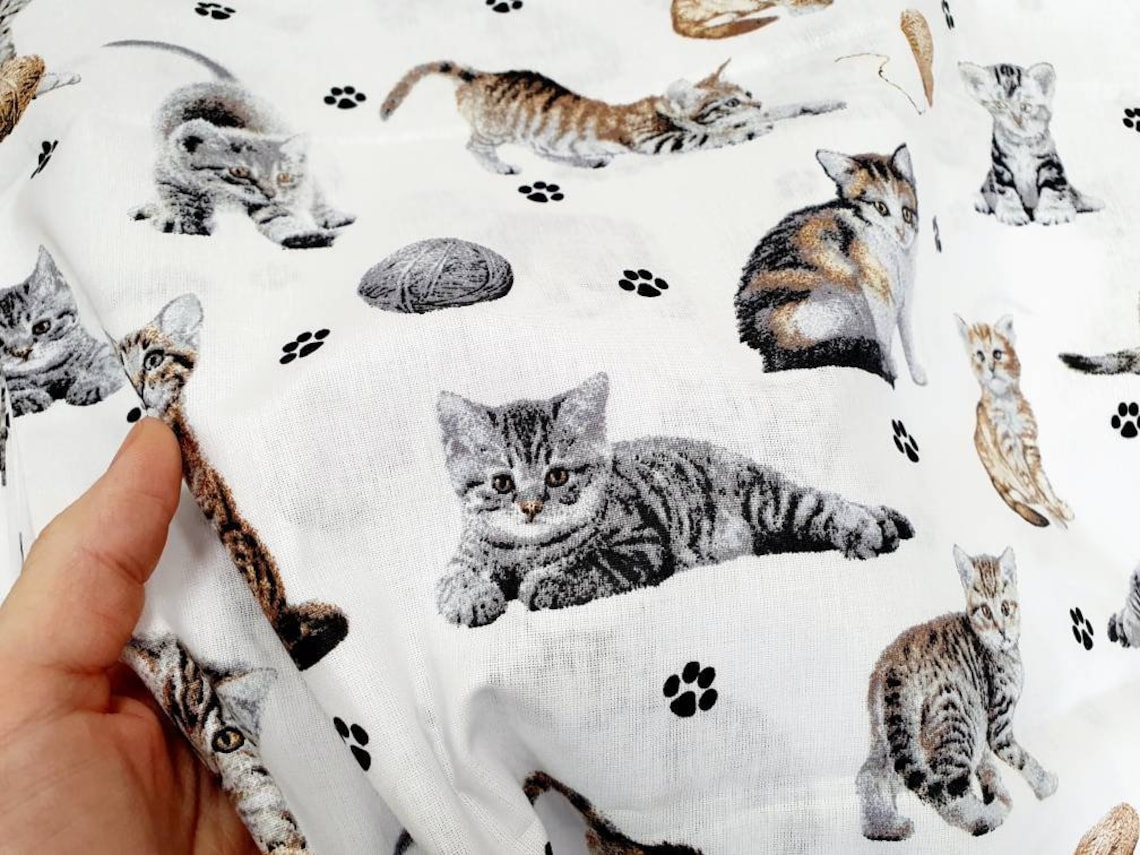 Cats Fabric on white Quilting Fabric Premium Print Etsy