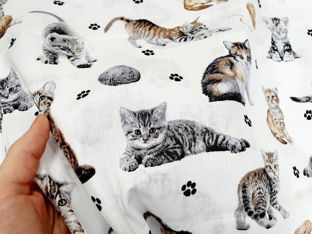 Cats Fabric on white Quilting Fabric Premium Print Etsy
