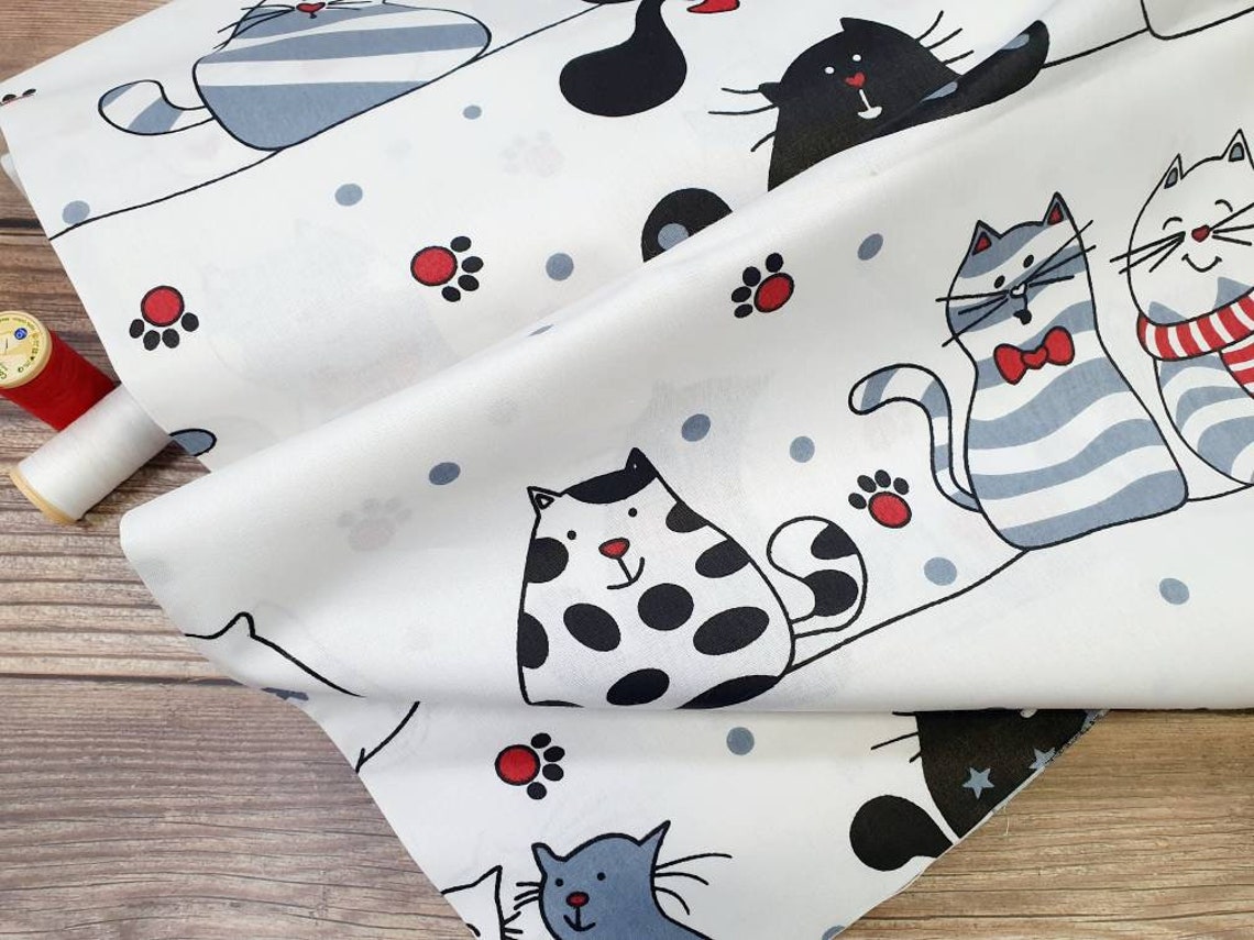 Cats Fabric on White Quilting fabric Premium Print Etsy