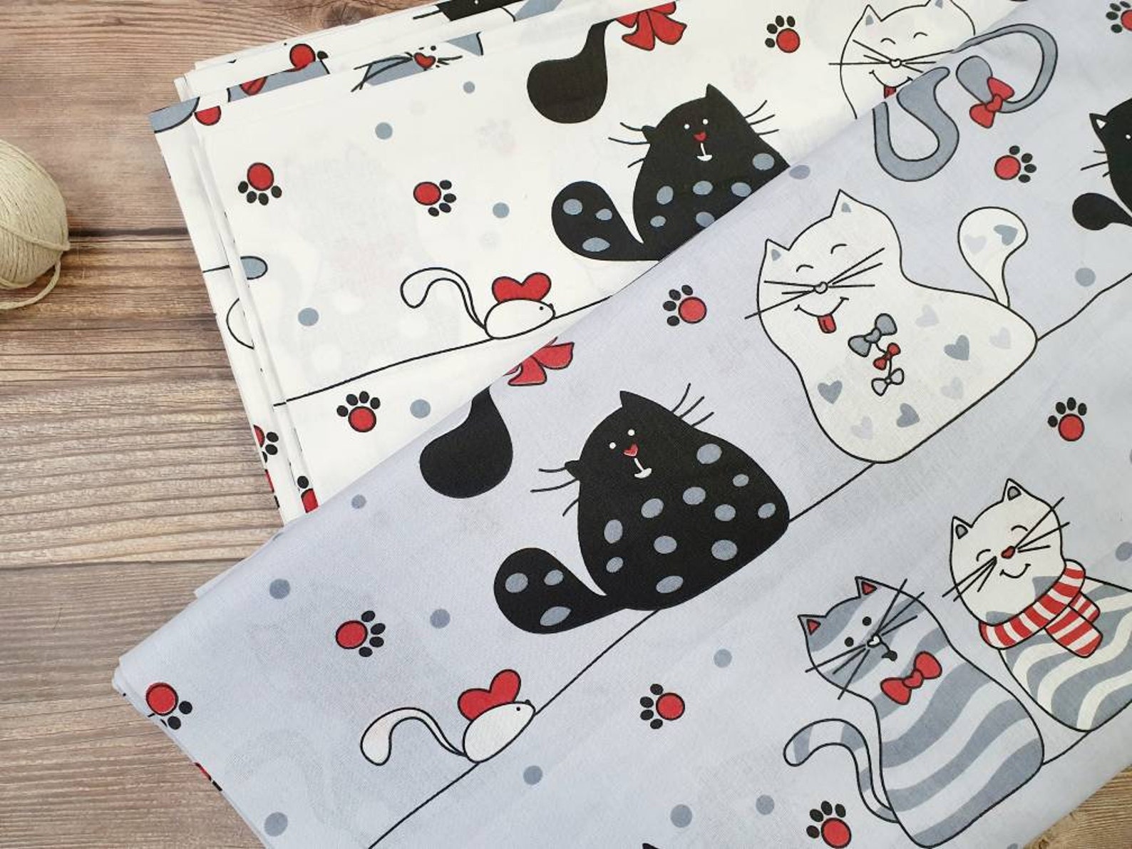 Cats Fabric on White Quilting fabric Premium Print | Etsy