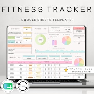 May include: A laptop screen displaying a Google Sheets fitness tracker template titled The Ultimate Fitness Tracker. The dashboard includes sections for fitness stats, workout logs, weight goals, and water intake, with charts and tables.